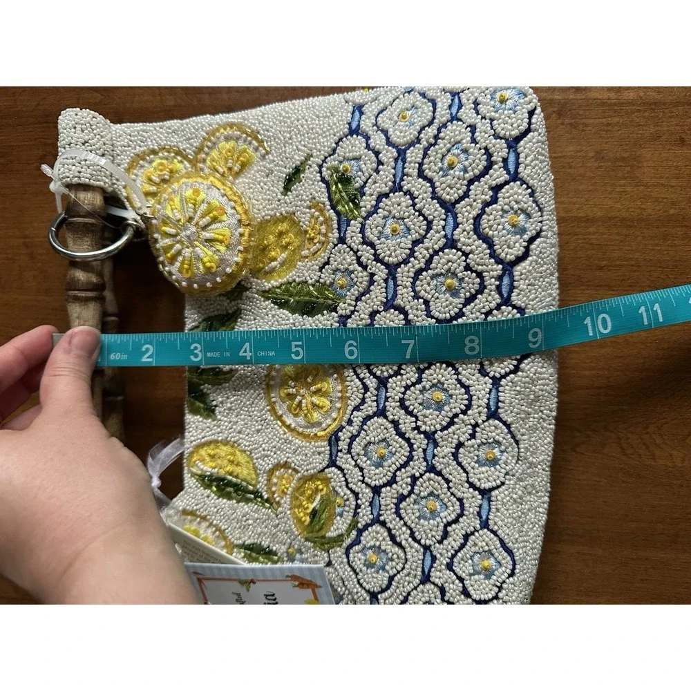 Handmade Beaded Lemon Riviera Bamboo Handle Purse Coastal Bag Charm Amalfi NWT